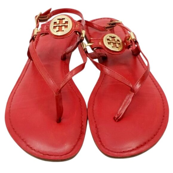 TORY BURCH~Dillan~RED LEATHER GOLD REVA LOGO THONG FLAT STRAPPY SANDALS - Picture 2 of 5